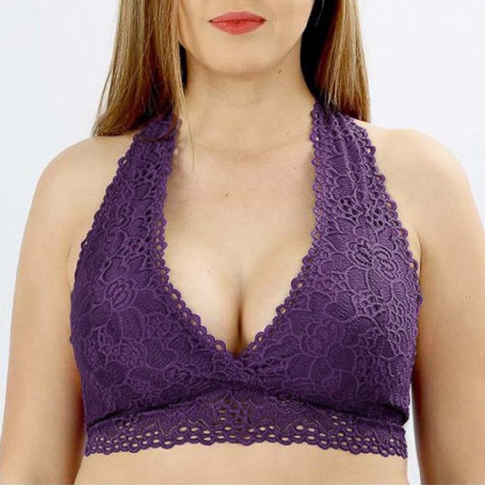 Zenana Outfitters Halter Neck Lace Bralette Dark Plum